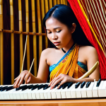 **Fusion of Traditional and Modern Music**: Create an image that showcases a Laotian musician playing traditional instruments like the "khene" alongside modern electronic instruments in a vibrant musical setting, highlighting the blend of cultural heritage and contemporary influences.