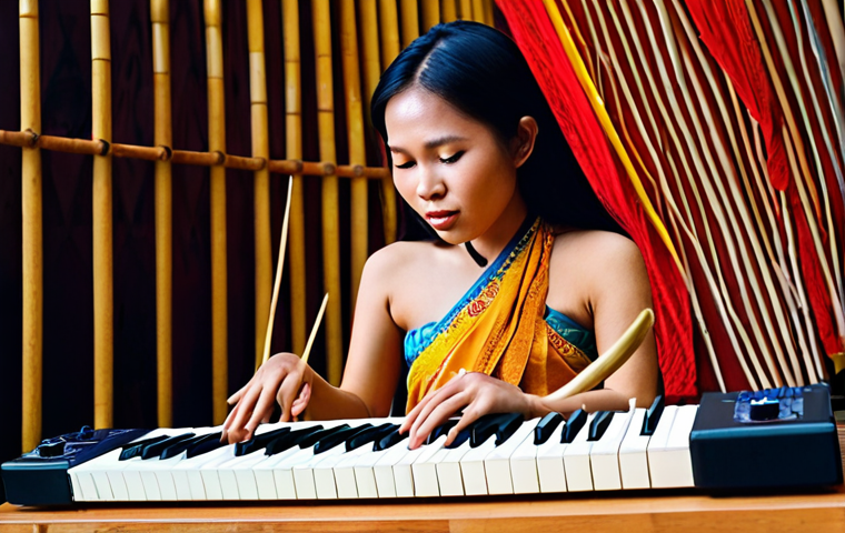 **Fusion of Traditional and Modern Music**: Create an image that showcases a Laotian musician playing traditional instruments like the "khene" alongside modern electronic instruments in a vibrant musical setting, highlighting the blend of cultural heritage and contemporary influences.