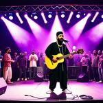 **Fusion Hip Hop:** A vibrant concert scene featuring an Arab hip-hop artist on stage, blending traditional Middle Eastern instruments like the oud and qanun with modern DJ equipment. The crowd is diverse, energetic, and illuminated by colorful stage lights, symbolizing the fusion of Eastern and Western musical styles.