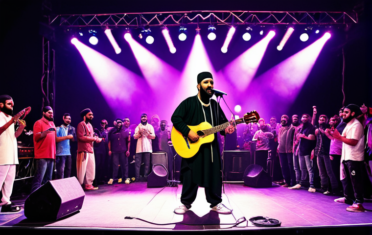**Fusion Hip Hop:** A vibrant concert scene featuring an Arab hip-hop artist on stage, blending traditional Middle Eastern instruments like the oud and qanun with modern DJ equipment. The crowd is diverse, energetic, and illuminated by colorful stage lights, symbolizing the fusion of Eastern and Western musical styles.